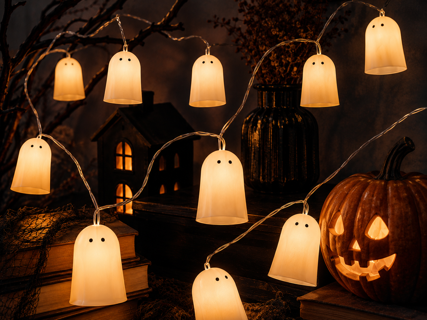IKEA KUSTFYR Ghost LED Light Chain – 12 Lights Halloween Garland