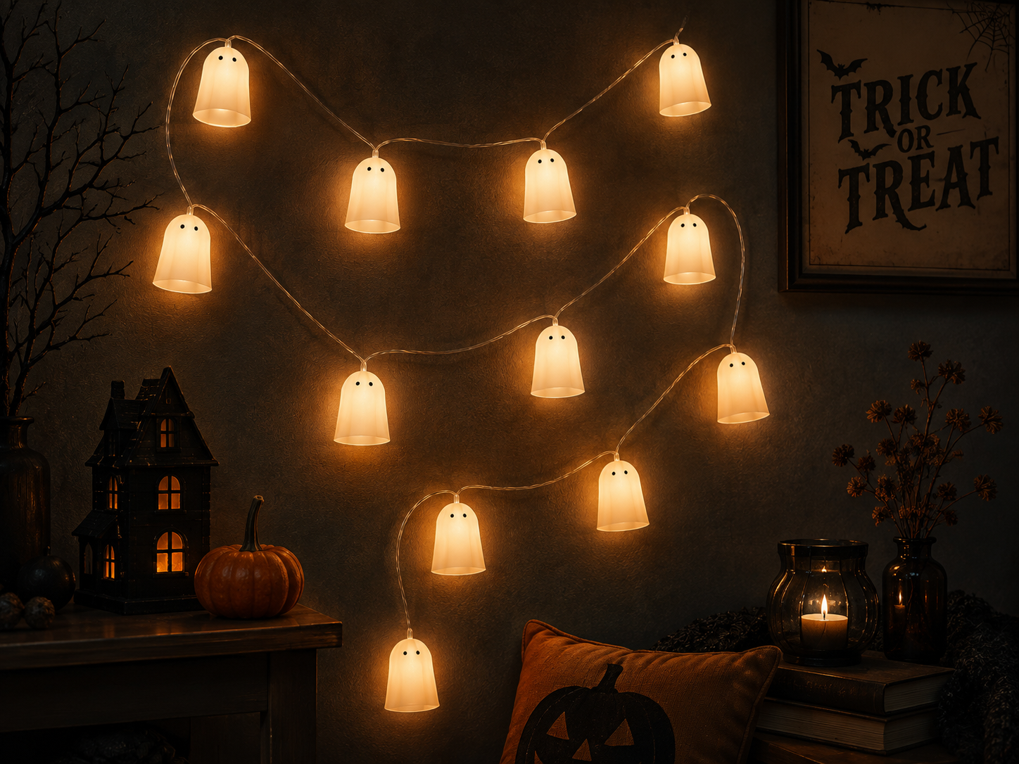 IKEA KUSTFYR Ghost LED Light Chain – 12 Lights Halloween Garland