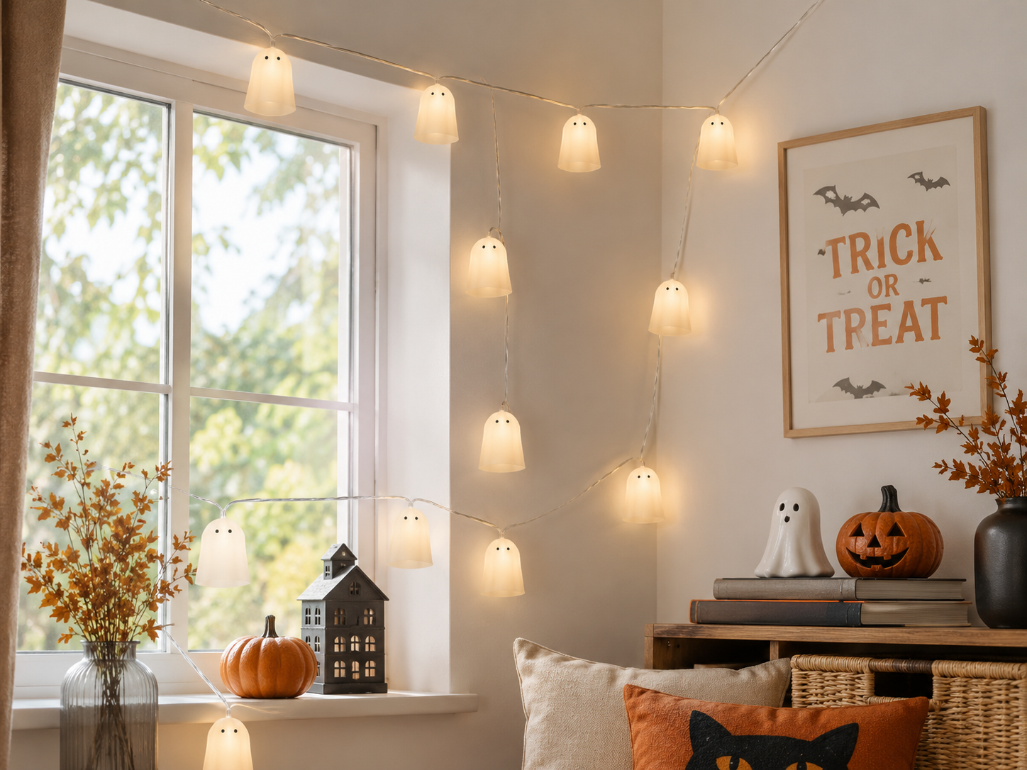 IKEA KUSTFYR Ghost LED Light Chain – 12 Lights Halloween Garland