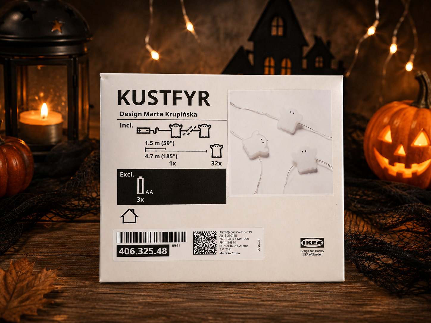 IKEA KUSTFYR Ghost LED Light Chain – 32 Lights Halloween Garland
