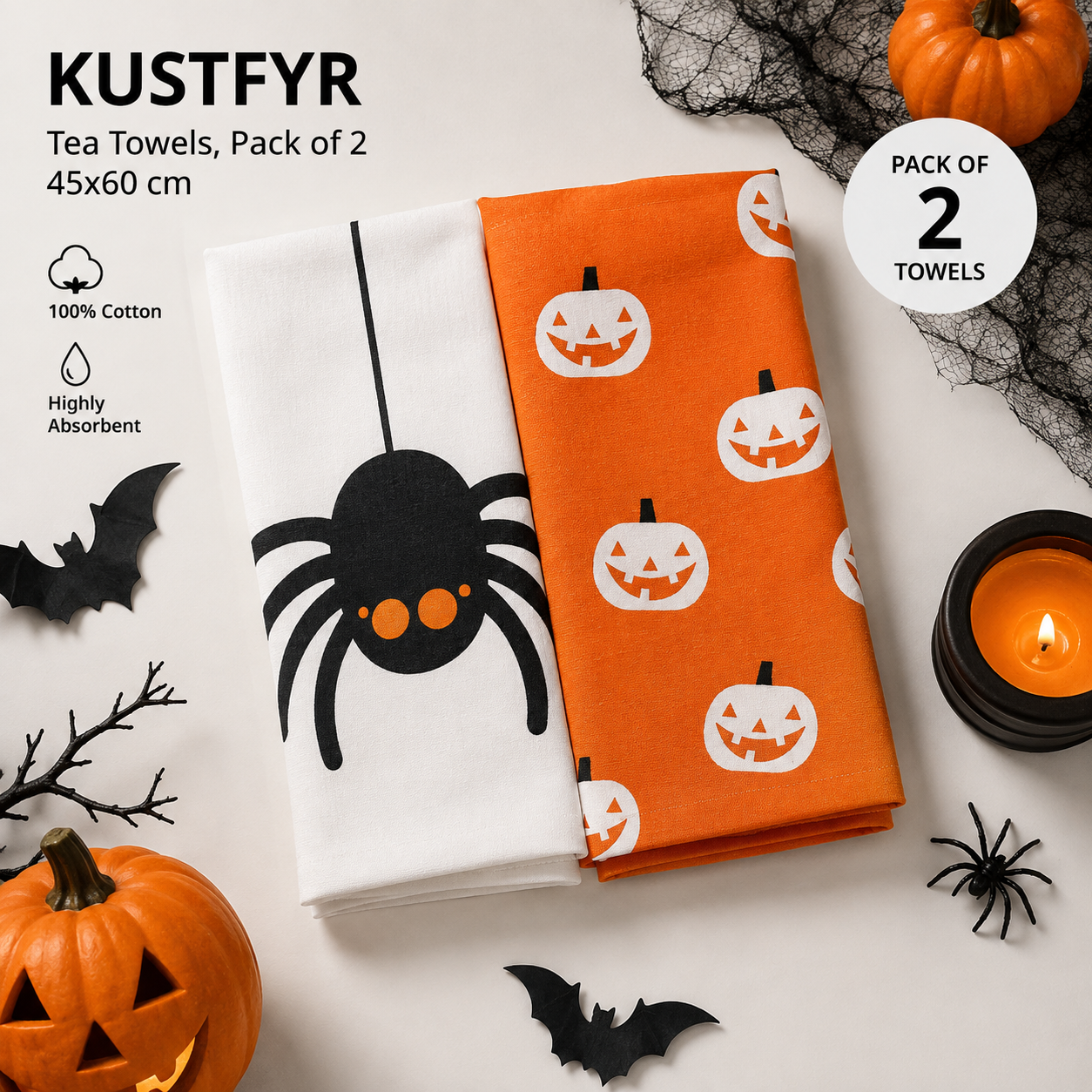 IKEA KUSTFYR Halloween Tea Towels – Set of 2, 45x60 cm